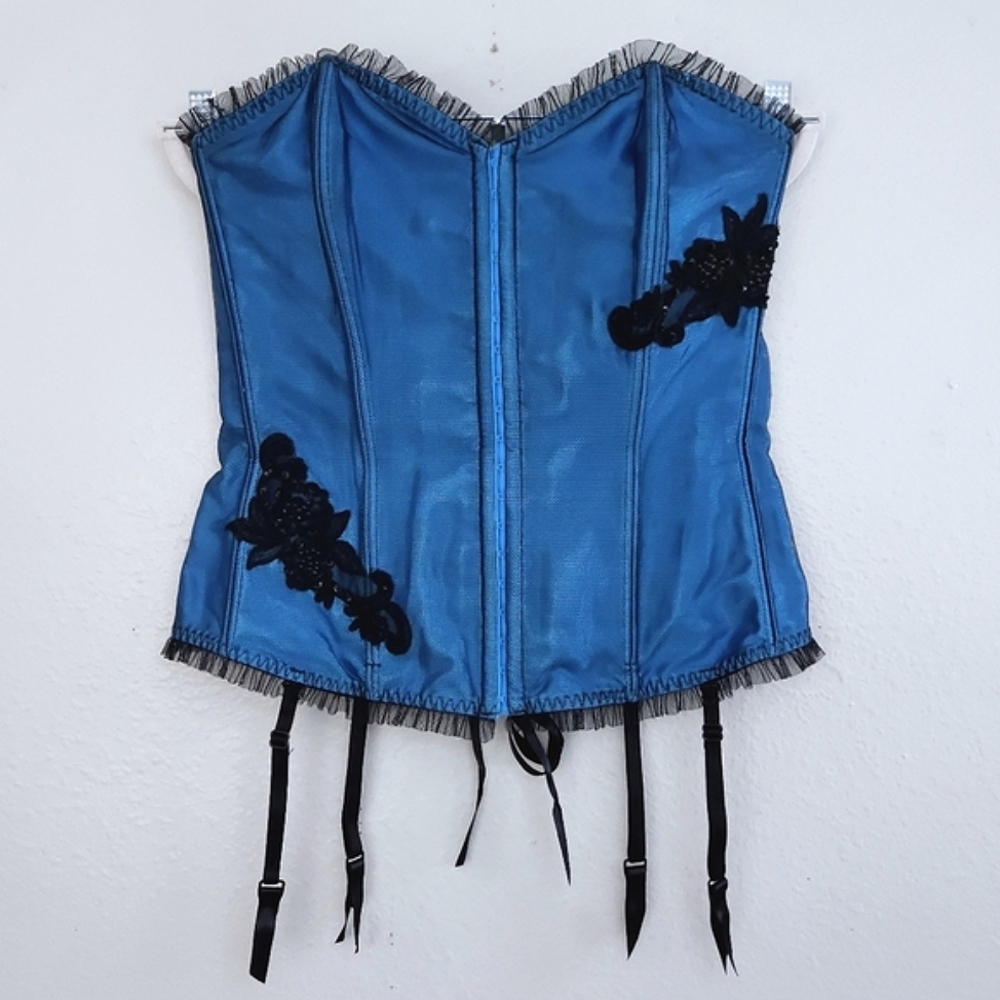 Frederick's of Hollywood Corset Blue Black Lace-Up Back Top